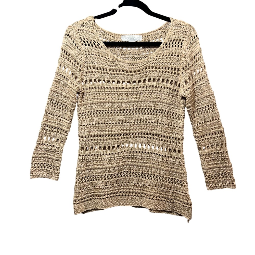 By Design Crochet Top Knit Open Weave Boho Top Beige Medium Sweater